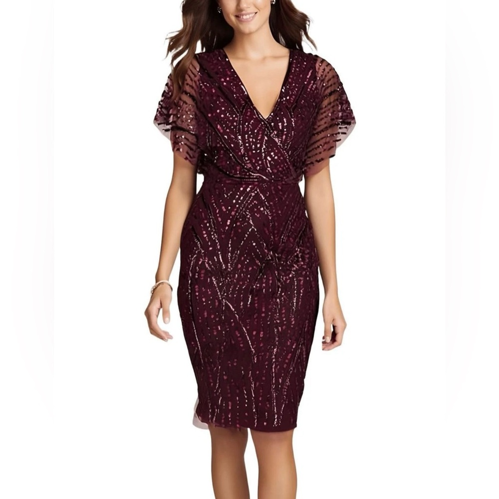 NWT Adrianna Papell Womens Elegant Burgundy Sequin Beaded Midi Dress - Size 8